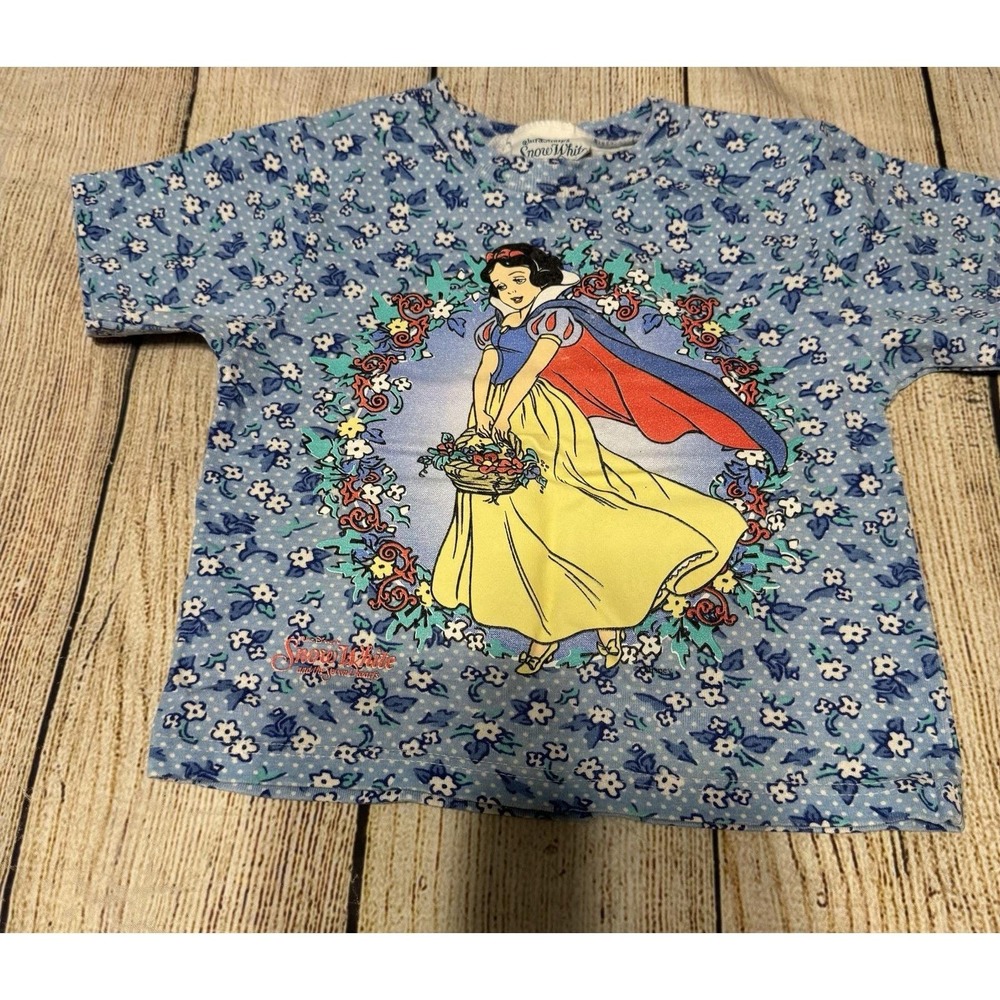 Vintage Snow White and the Seven Dwarfs Blue Floral Vibrant T-Shirt Sz 3T  TubB8